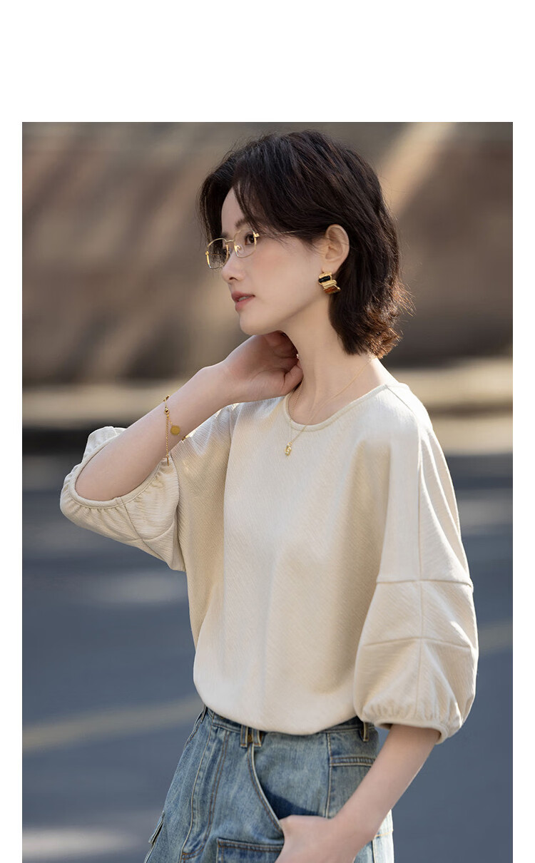Demana [Relax Channel] Summer Urban Simple Round Neck Half Sleeve Loose Slim Fit Petite Shirt for Women High-End Feel 4