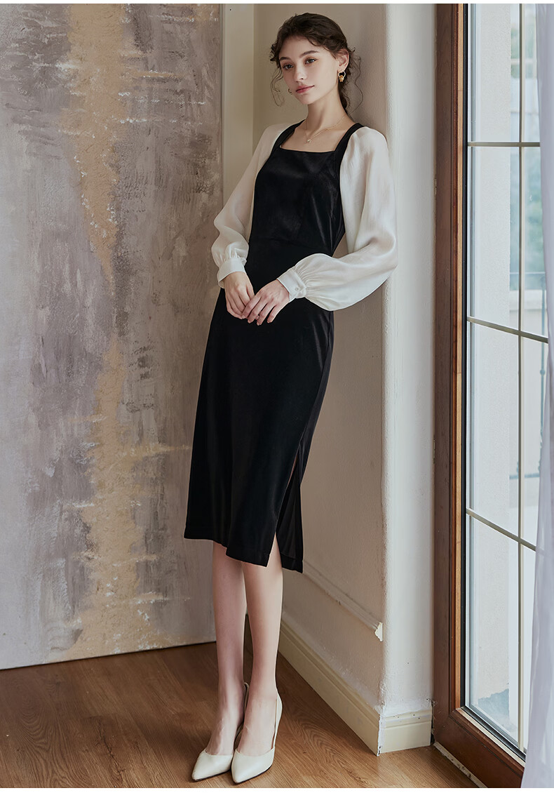 ROEYSHOUSE French Style Women's Spring Vintage Patchwork Velvet Slim Dress 07942 Colorblock M 7