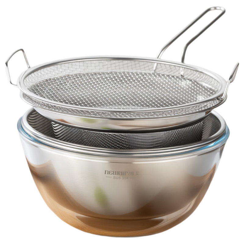 Newair Set of 6 Kitchen Utensils: 304 Stainless Steel Colander, Strainer Basket, Vegetable Washing Basin, Egg Beating Bowl, Dough Kneading Bowl, And Oil Filter Mesh