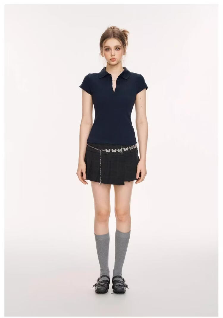 ICH MODE Vintage Polo Collar Short Sleeve T-Shirt Women 2026 Summer New Slim Fit Cropped Top White L 4