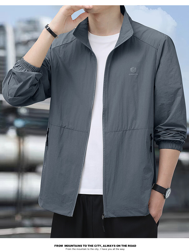 ROMON Sun Protection Jacket for Men, Summer Stand-Collar Ice Silk Cool-Feeling Outdoor Breathable Loose Casual Skin Coat, Navy Blue, 4XL 12