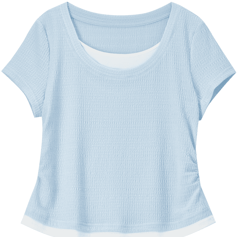 Sentubila Color Block Spliced Round Neck Waist Side Pleated Short Sleeve Textured T-Shirt for Women, Summer Commute Fashion Elegant Versatile Top