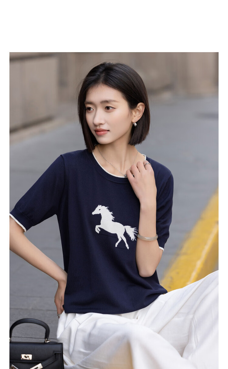 Demana Eco-friendly Lyocell Summer Pony Jacquard Color-block Slim Fit Short Sleeve Knit Top for Women 11