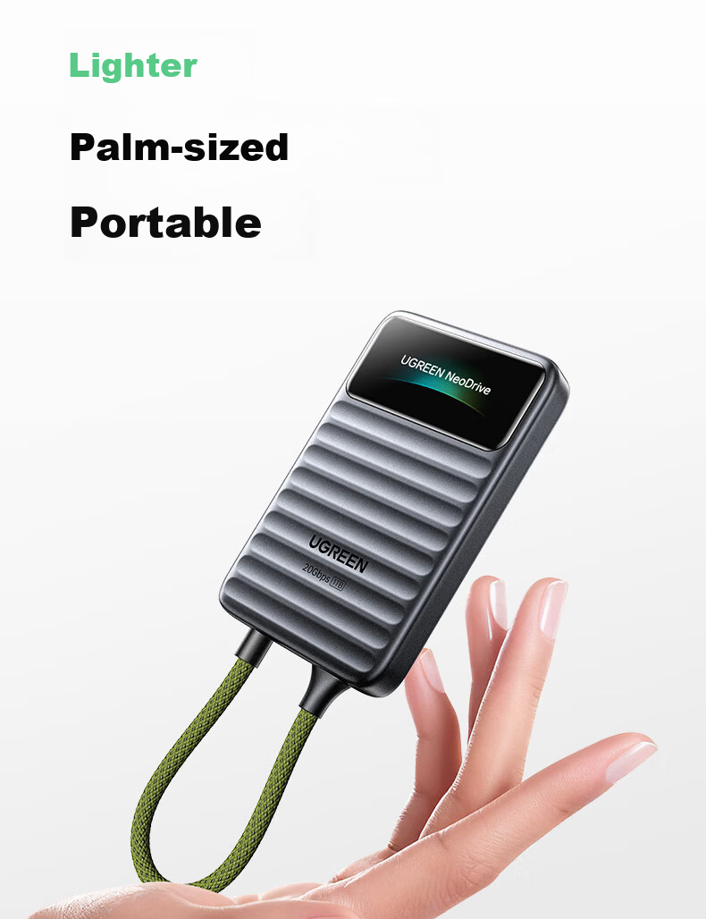 UGREEN Go20 Smart Display Edition 1TB Portable SSD (PSSD) High-Speed 2000MB/s Transfer Compatible with Thunderbolt 4/3 Type-C Integrated Built-in Data Cable 10