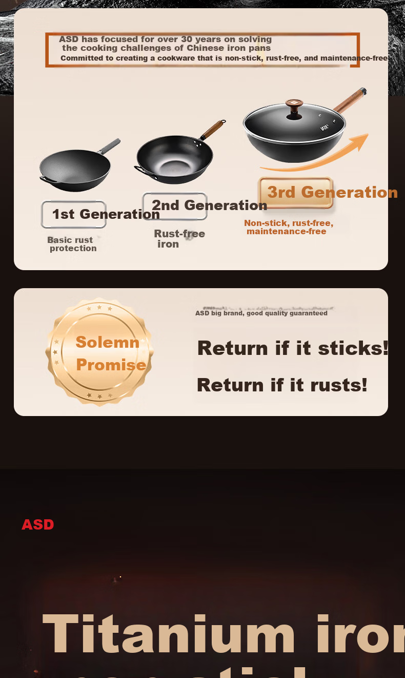ASD Titanium Non-Stick Iron Wok 30cm Induction Cooker Compatible CF30T8Q 3