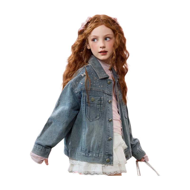 ASK JUNIOR Full Diamond Children's Denim Jacket, 2026 Autumn Girls' Turn-Down Collar Long-Sleeve Cardigan Coat, Blue, Size 170