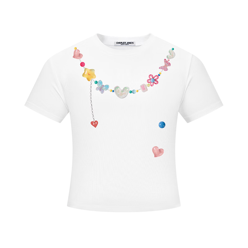 Charles Heart Trendy Love Heart Necklace Print Slim Fit Short Sleeve T-Shirt for Girls Summer Sweet and Spicy Style Black XF