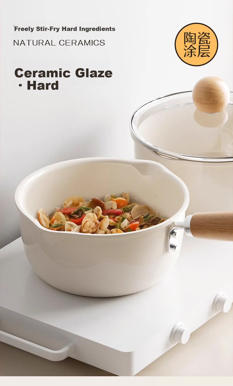Deming Ceramic Small Milk Pot Baby Food Supplement Pot Infant Frying and Cooking Household Integrated Pot Instant Noodle Soup Pot Non-stick with Lid 16CM 8