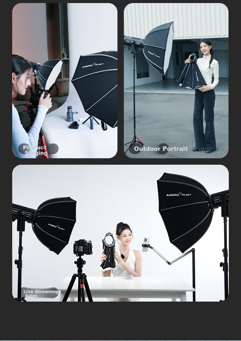 AMBITFUL Zhijie Octagonal Softbox FS80pro Bowens Mount Quick Install Handheld Portable Video Flash Hot Shoe Soft Light Diffuser 6