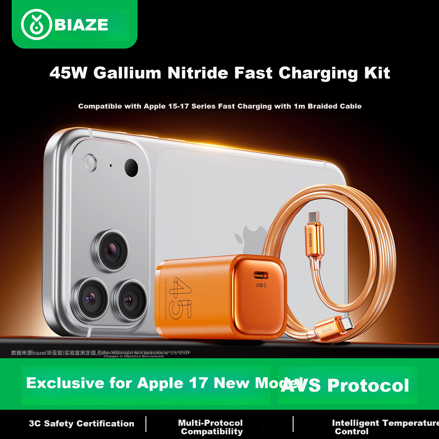 BIAZE Apple Charger Set 45W Compatible 40W Fast Charging Type-C Cable GaN for iPhone 17 Air/16/15 Pro Max Samsung Xiaomi Orange