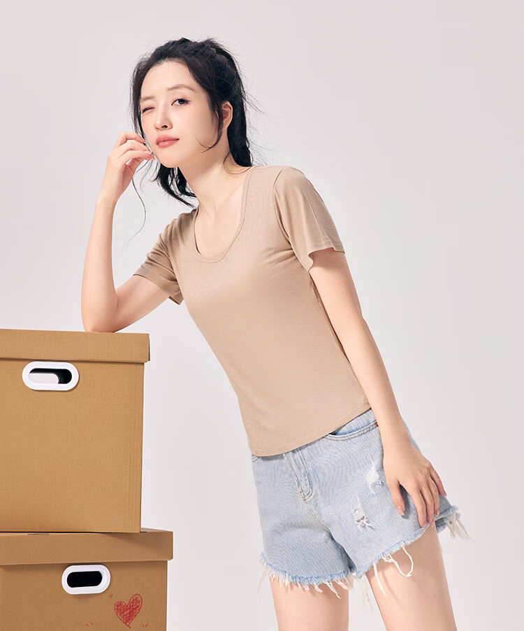 Hodo Women's T-Shirt 10A Antibacterial Smooth Modal Stretch with Chest Pad Textured Ribbed Versatile Outerwear Basic Short Sleeve Shirt 14