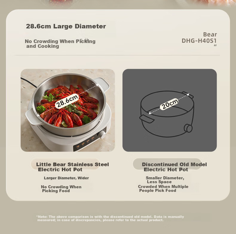 Bear 0-Coating Electric Hot Pot, Non-Stick Detachable Multi-Functional Stainless Steel Electric Cooker, 4L, Suitable for 4-6 People, Model 40S1 10