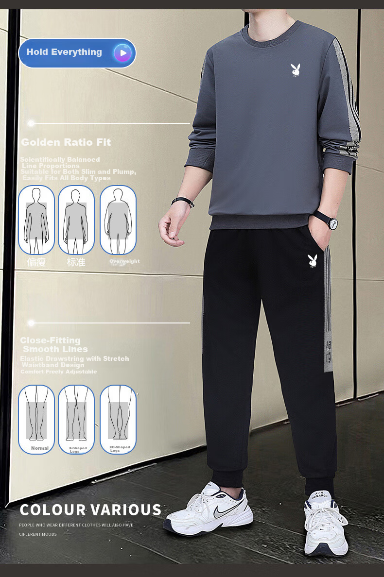 Playboy Men's Long Sleeve T-Shirt and Pants Set Spring Autumn Casual Sports Two-Piece Black L 3