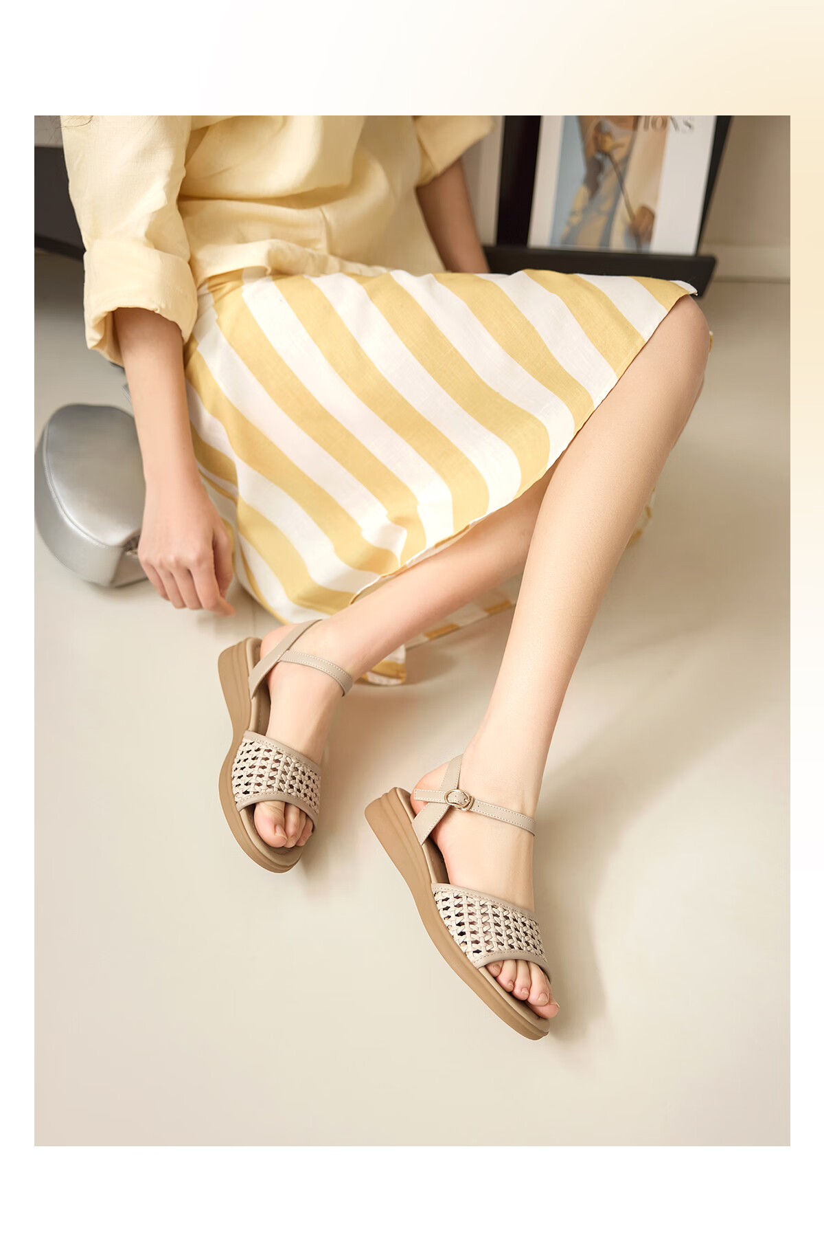 Eierkang Women's Summer Hollow Wedge Mary Jane Sandals Single Strap Middle-aged and Elderly Mom Shoes 49795W Off-white Size 36 9