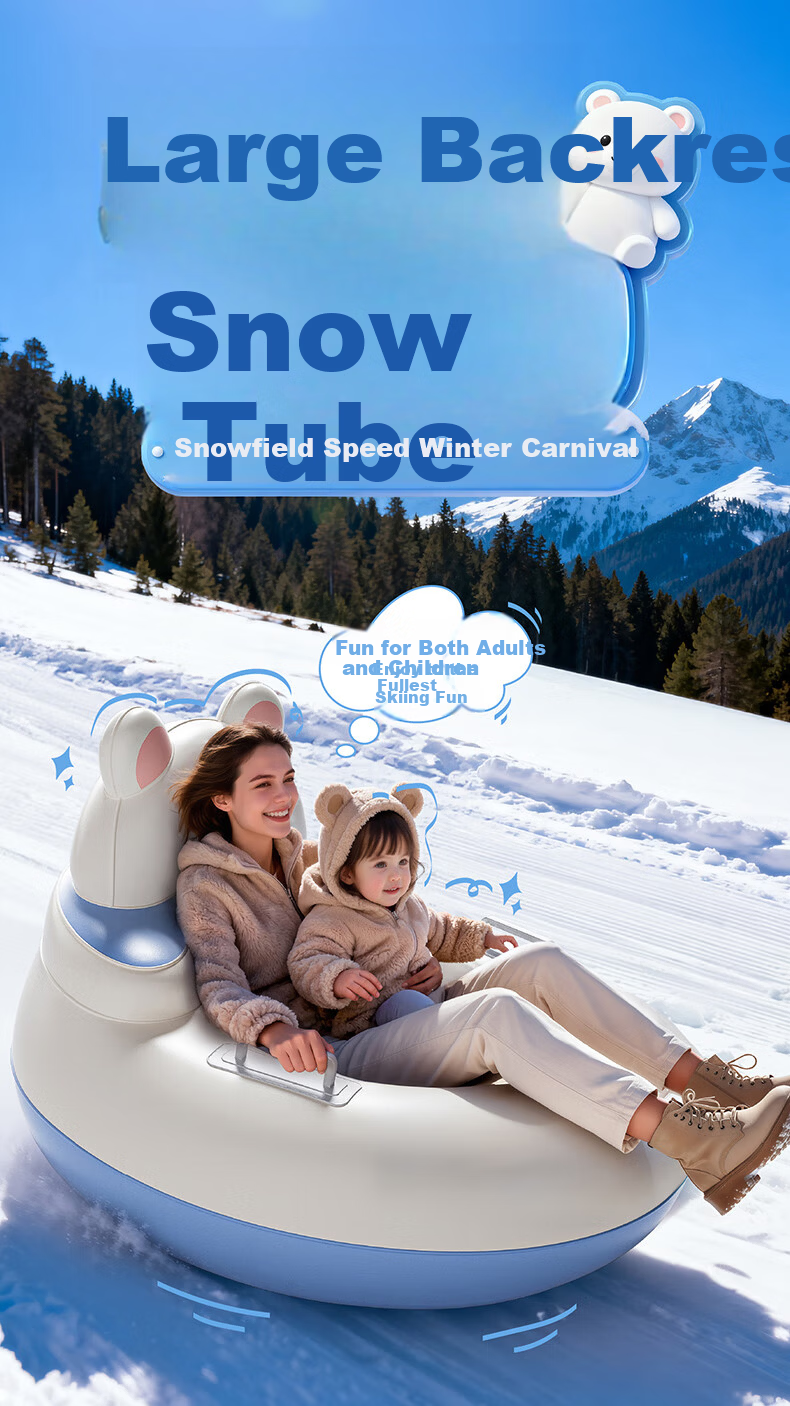 Adandyish Inflatable Snow Tube for Adults and Kids, Pressurized Snow Sled, Snowboard, Grass Sled Seat with Pull Rope, Cloud Milk Bear Design 1