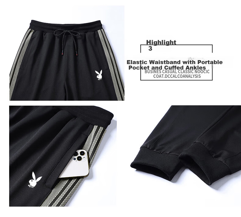 Playboy Men's Long Sleeve T-Shirt and Pants Set Spring Autumn Casual Sports Two-Piece Black L 7