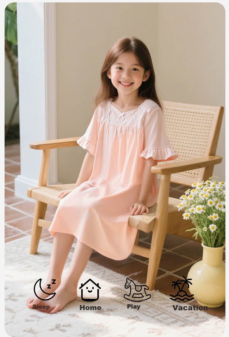 Dingguagua Girls' Long Sleeve Princess Style A-Class Pure Cotton Nightgown Children's Pajamas Homewear Parent-Child Dress Pink 140 5
