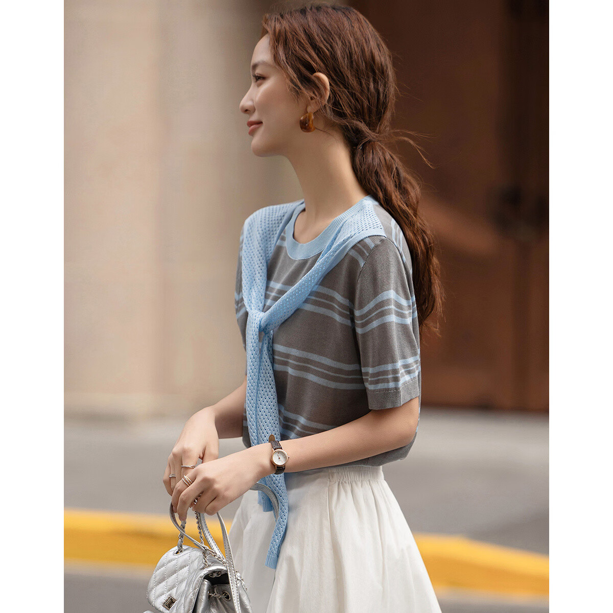 Demana Breathable Yarn Spring College Style Ribbon Striped Loose Slim Short Sleeve Women's Knit Sweater