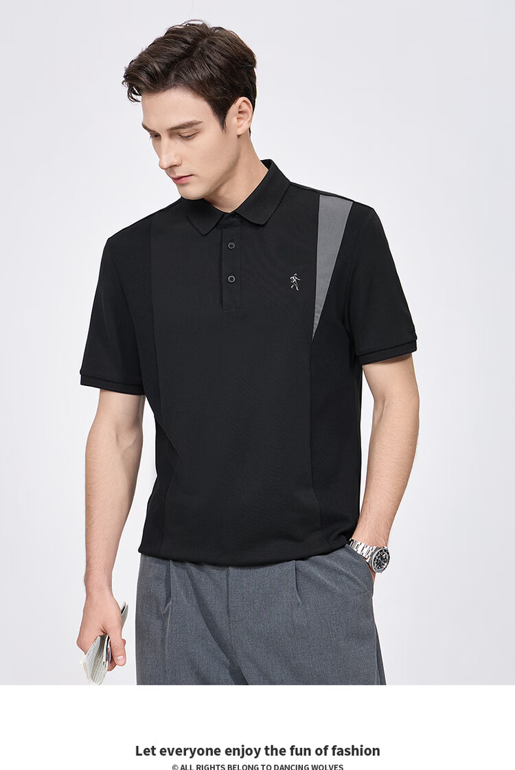 Dancing with Wolves [Ice Cool Tencel] Colorblock Spliced Collar Men's Summer Lyocell Short Sleeve Polo Shirt 001 Black XL 1