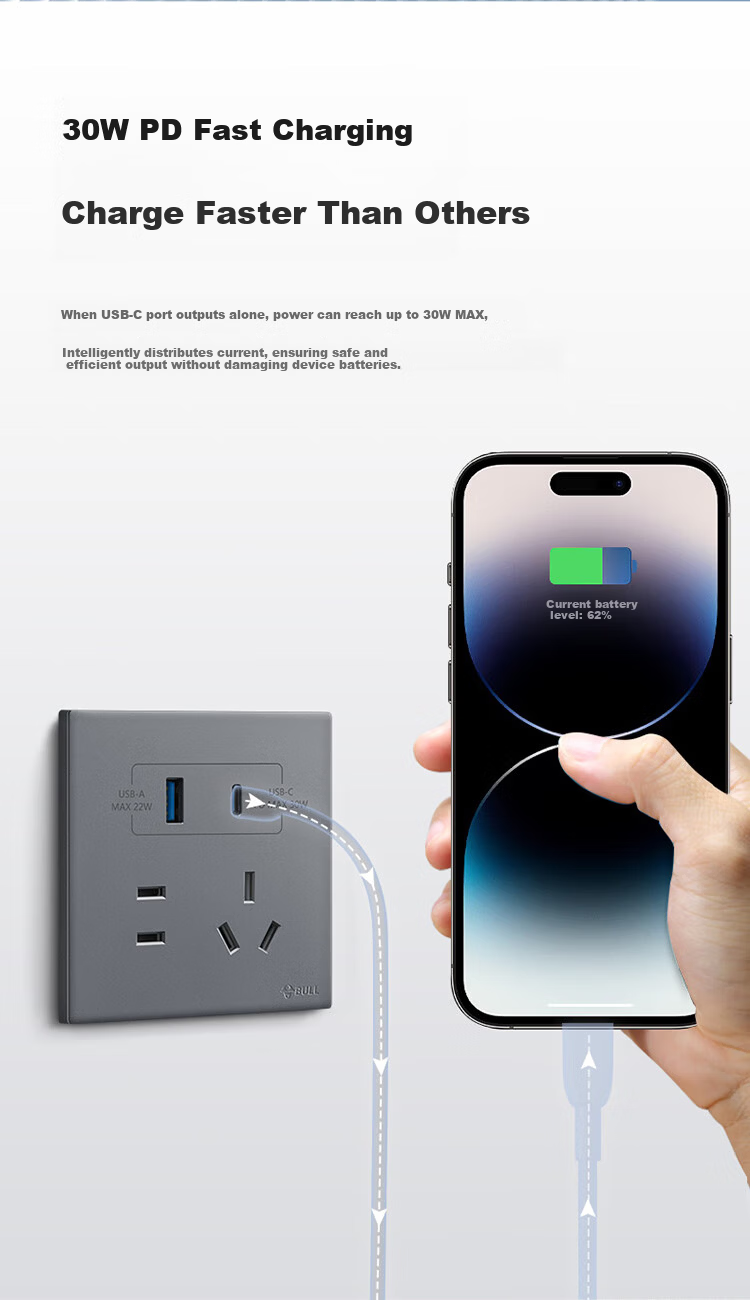 BULL G60 Series 16A Switch Socket Ultra-thin Panel G60E204 Phantom Gray 7