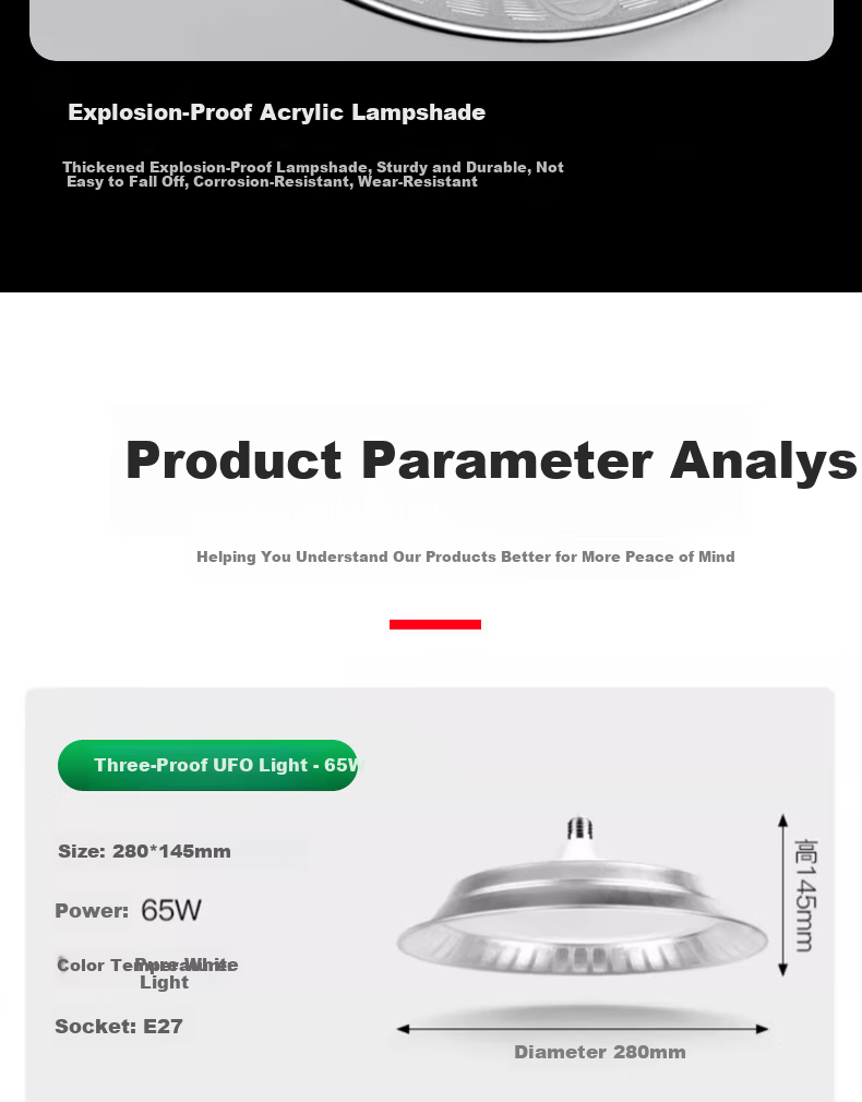 Yaming LED Tri-proof Industrial UFO Light E27 Screw Base Super Bright Factory Workshop Warehouse Pendant Lamp 65W 10