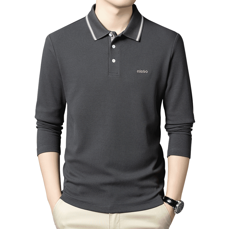 Edenbo Men's Long Sleeve Polo Shirt Pure Cotton Simple Top Dark Gray 180/96A (2XL)
