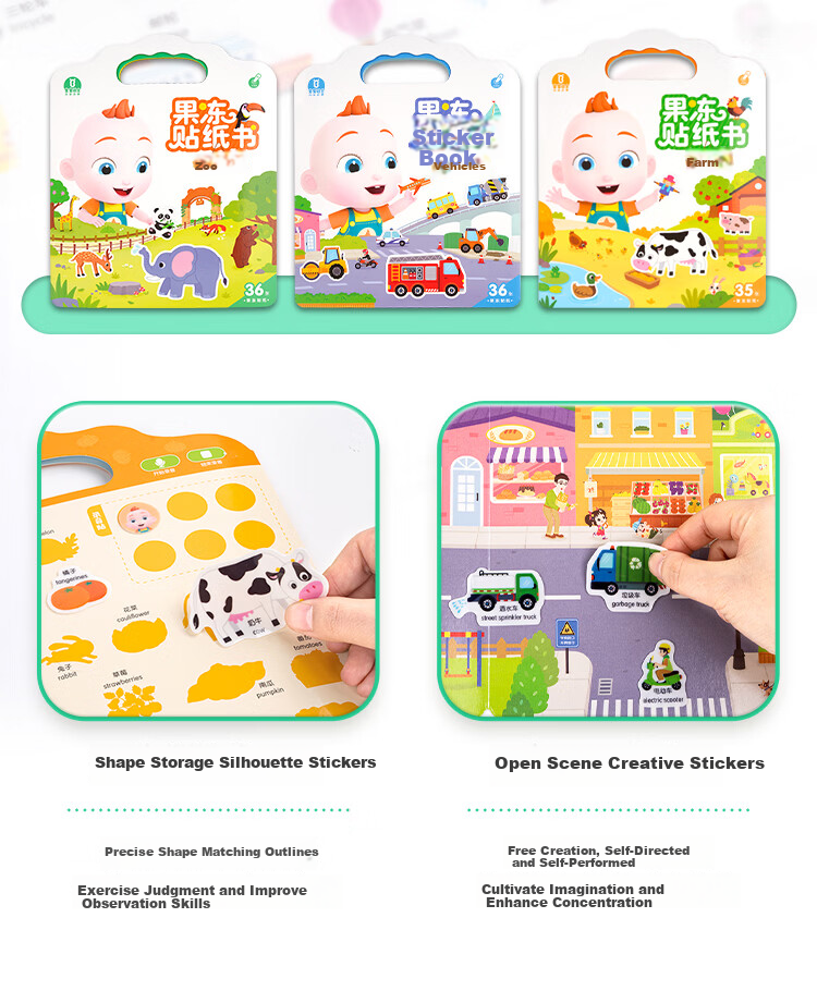 BabyBus Jojo Jelly Sticker Book for Kids Ages 3-4 Educational Toy DIY Washable Handcraft Painting Birthday New Year Gift 5