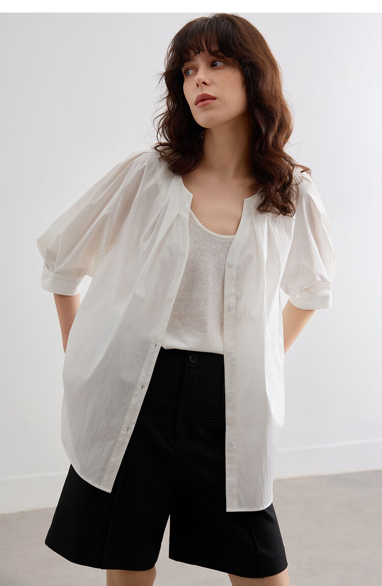 Demana Urban White Moonlight Summer Elegant Pleated V-Neck Cotton Nylon Stretch Loose Slim Shirt for Women Premium Feel 16