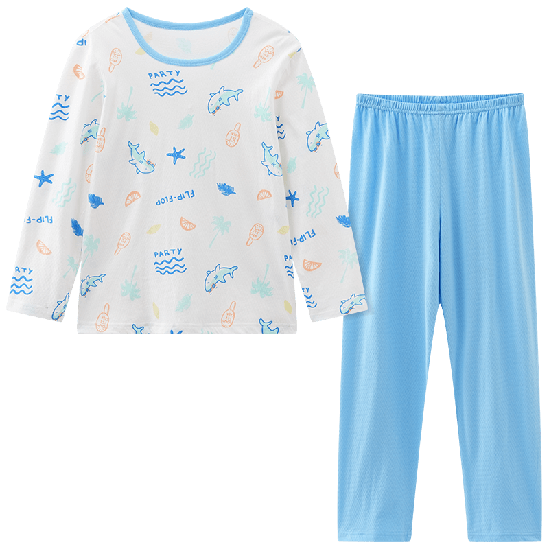 Hodo Children's Pajamas for Boys And Girls, Spring And Summer Thin Pure Cotton Home Wear Set, Long-Sleeve Pants, Air Conditioning Suit J3269, Light Blue, Size 120