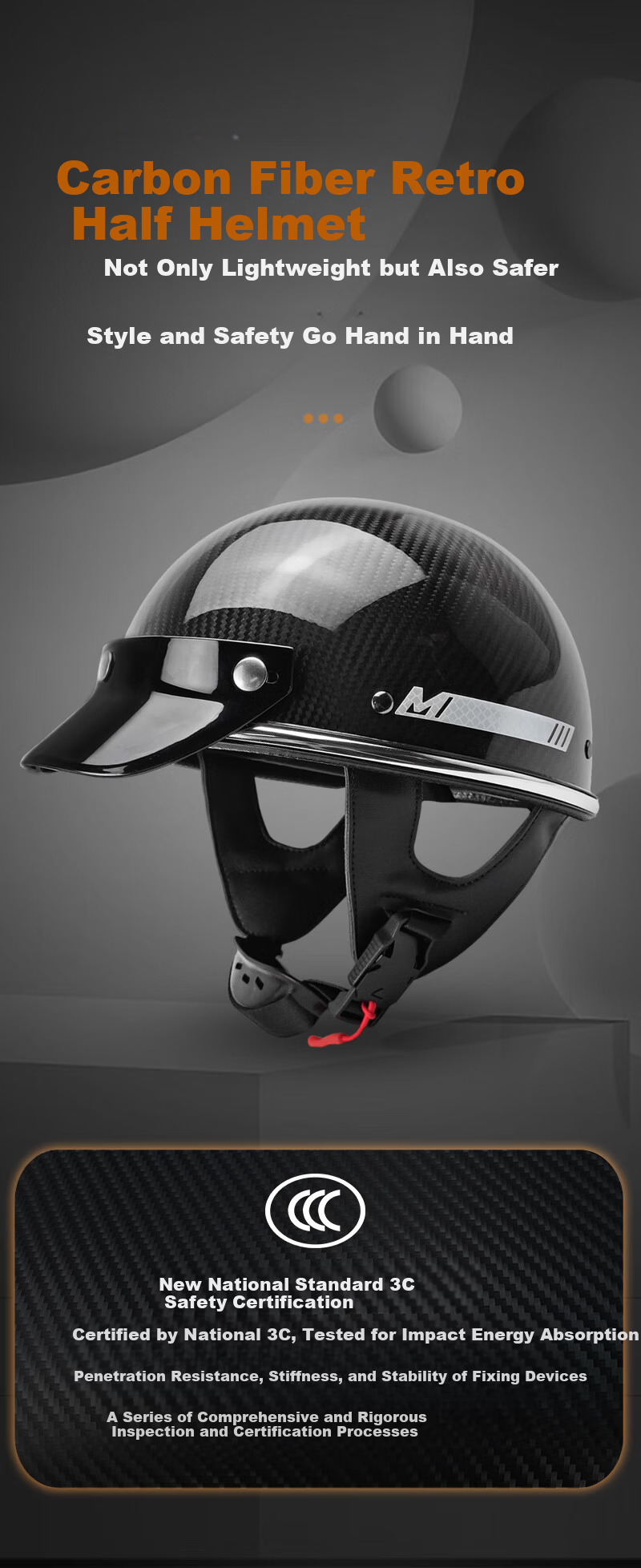 Mypick Carbon Fiber Retro Motorcycle Half Helmet 3C Certified Summer Lightweight Scooter Helmet High-End Safety Helmet Glossy Black XL (61-62) 3