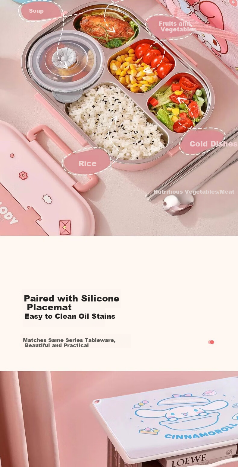 MANCHAOJIA Sanrio Stainless Steel Insulated Lunch Box Kids School Work Compartment Bento Box Set 3