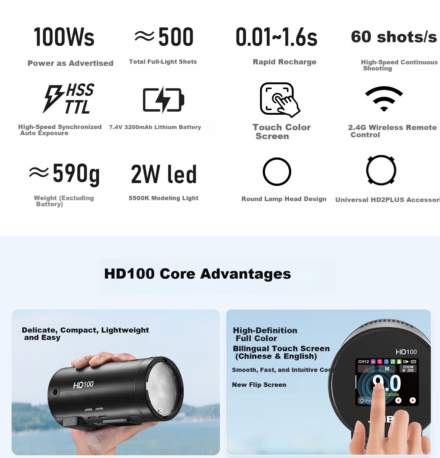 JINBEI HD100 Portable Off-Camera Flash LED Fill Light Lithium Battery TTL High-Speed Photography Camera Lighting Indoor Outdoor HD-100MAX Standard Kit 2