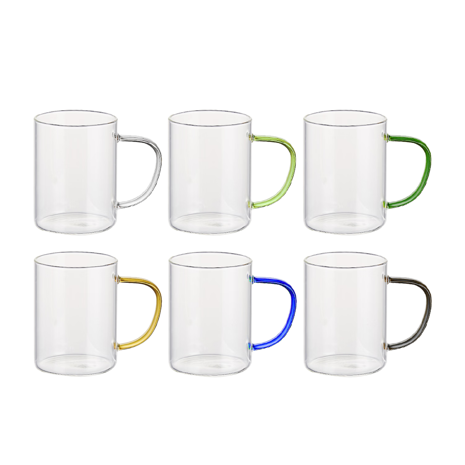 Green Apple High Borosilicate Heat-Resistant Glass Cups 465ml Set of 6 with Six Colored Handles Milk Cups Water Cups Tea Cups