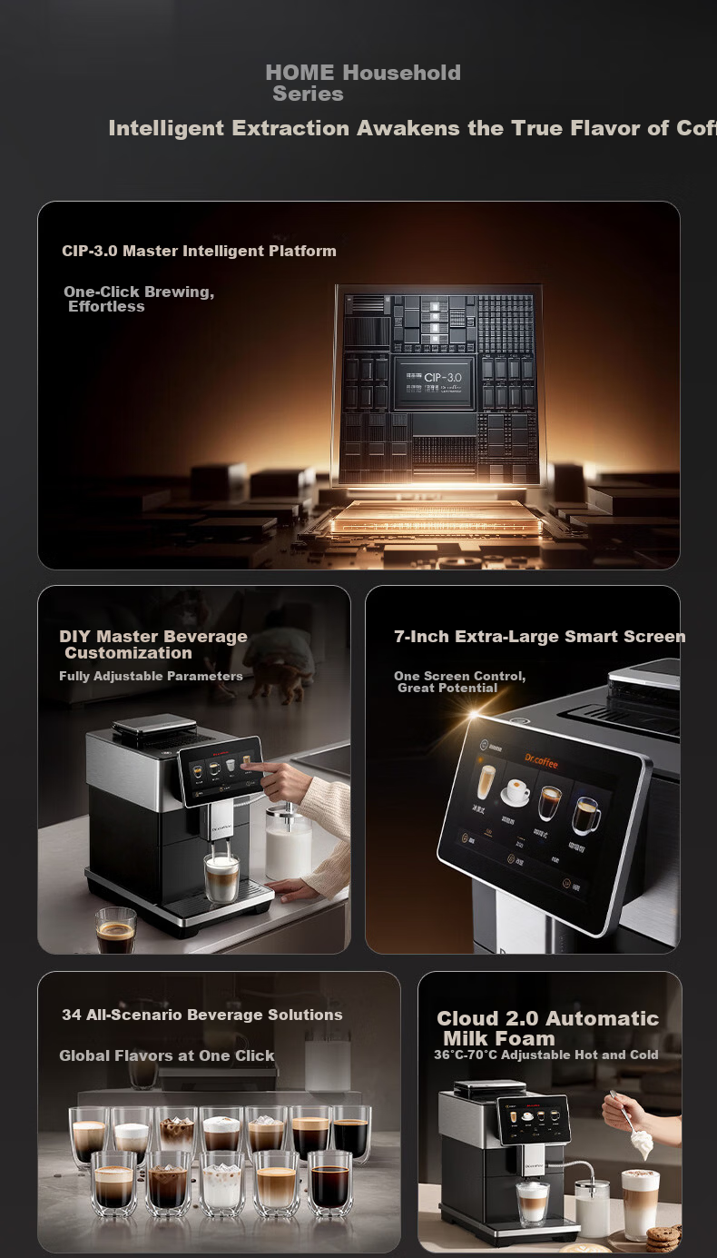 Dr.coffee H3 Black Home Fully Automatic Italian Espresso Coffee Machine Small Integrated Grinder One-Touch True Cold Brew Fresh Coffee Hot and Cold Drinks 2