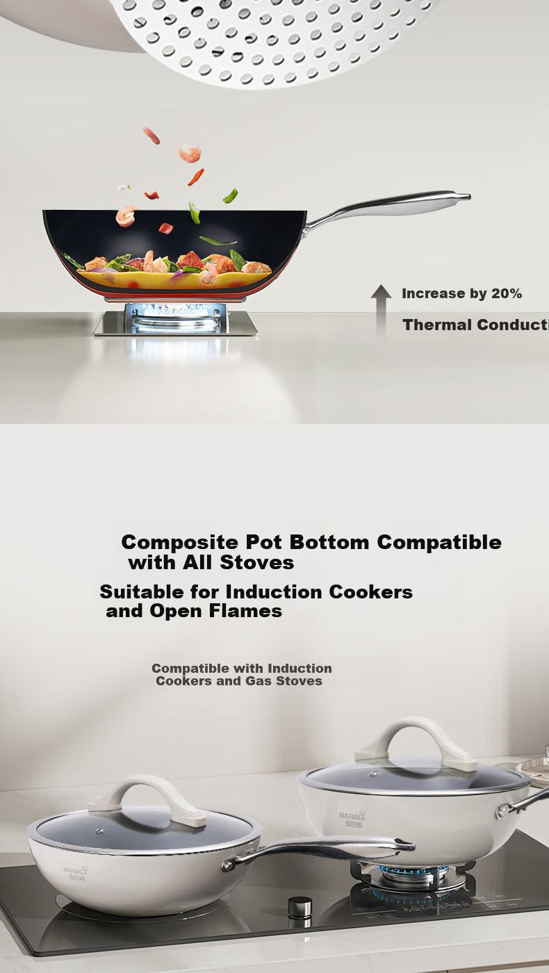 Maybale Titanium Color Non-Stick Ceramic Frying Pan Household Gas Stove Flat Bottom Cherry Red 30cm 12