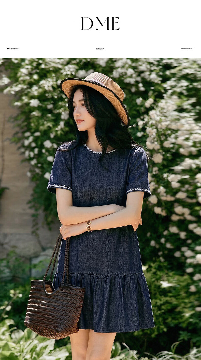 Demana [Oxygen Pure Cotton] Summer Retro College Embroidered Ruffle A-Line Denim Dress Slim Fit Mid-Length for Women 1