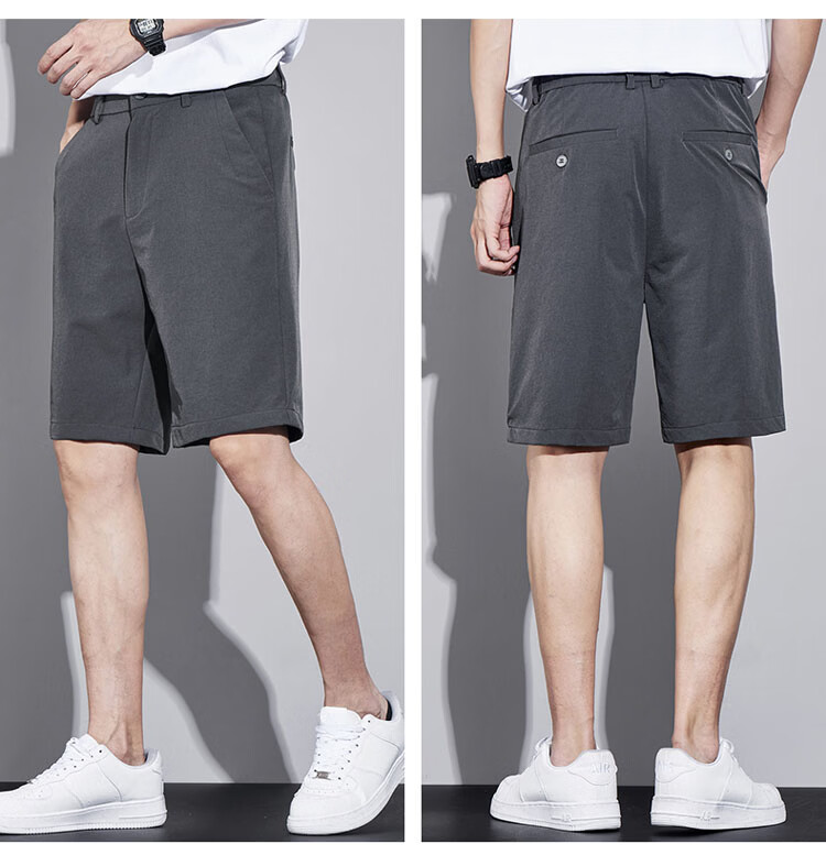 ROMON Men's Ice Silk Summer Lightweight Business Casual Five-Point Straight-Leg Suit Shorts Khaki M 11