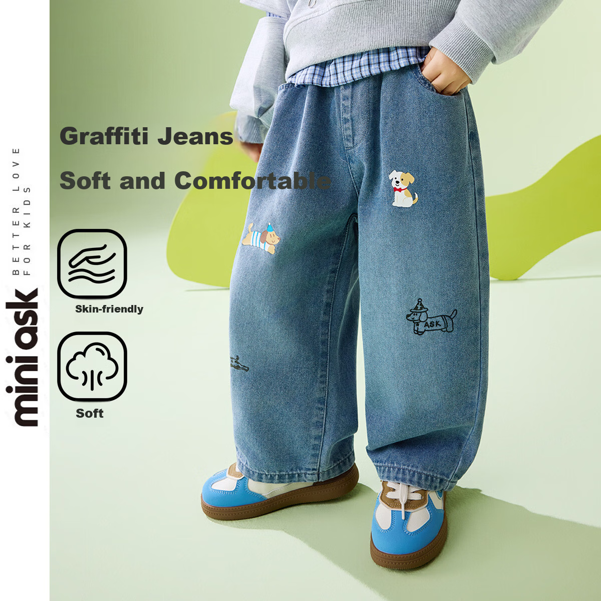ASK JUNIOR Kids Pants 2026 Spring Toddler Boys Denim Fun Graffiti Loose Straight Casual Trousers 1