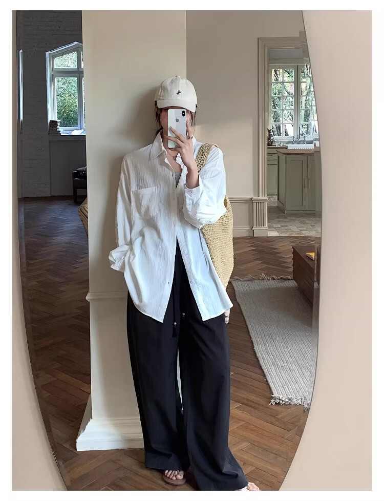 ICH MODE Textured Lazy Style Physical Sun Protection Long Sleeve Shirt Island Vacation White S 16
