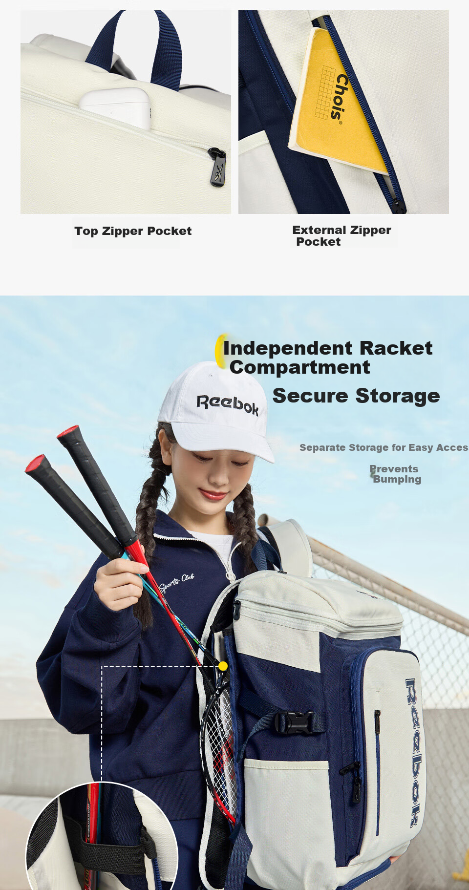 Reebok Badminton Backpack Men's Outdoor Double Shoulder Professional Tennis Training Bag Women's Racket Sports Bag Blue and White 7