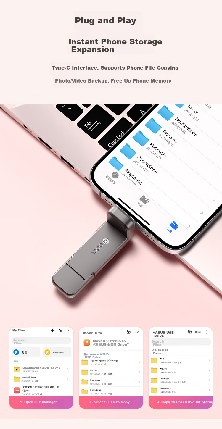 ASUS Aoduo High-Speed Solid State USB Flash Drive, USB3.2Gen2 Dual Interface, Read Speed 500MB/s, Large Capacity Phone Flash Drive 512GB Space Gray 6