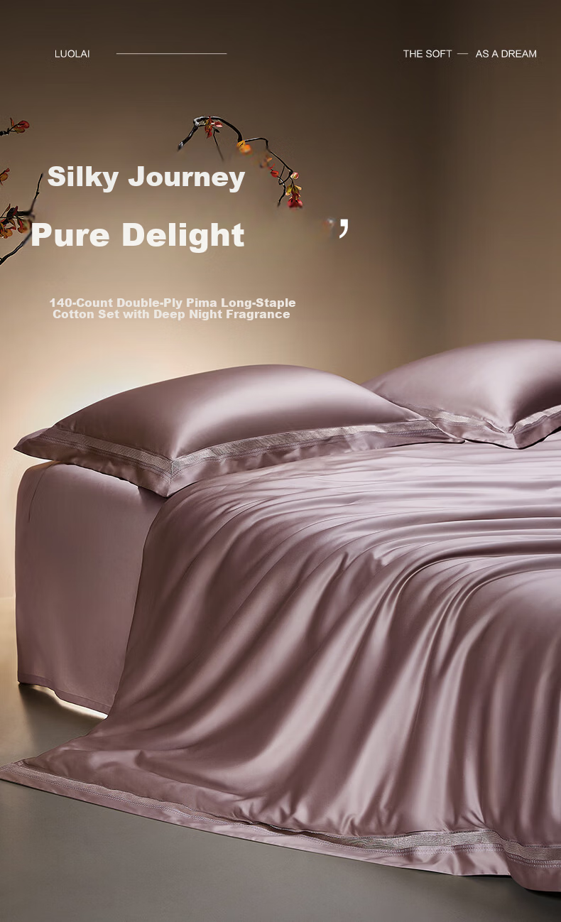 Luolai Home Textiles 140-Thread Count Pima Cotton Four-Piece Set Luxury Pure Cotton Bedding Pink 220*250cm 1