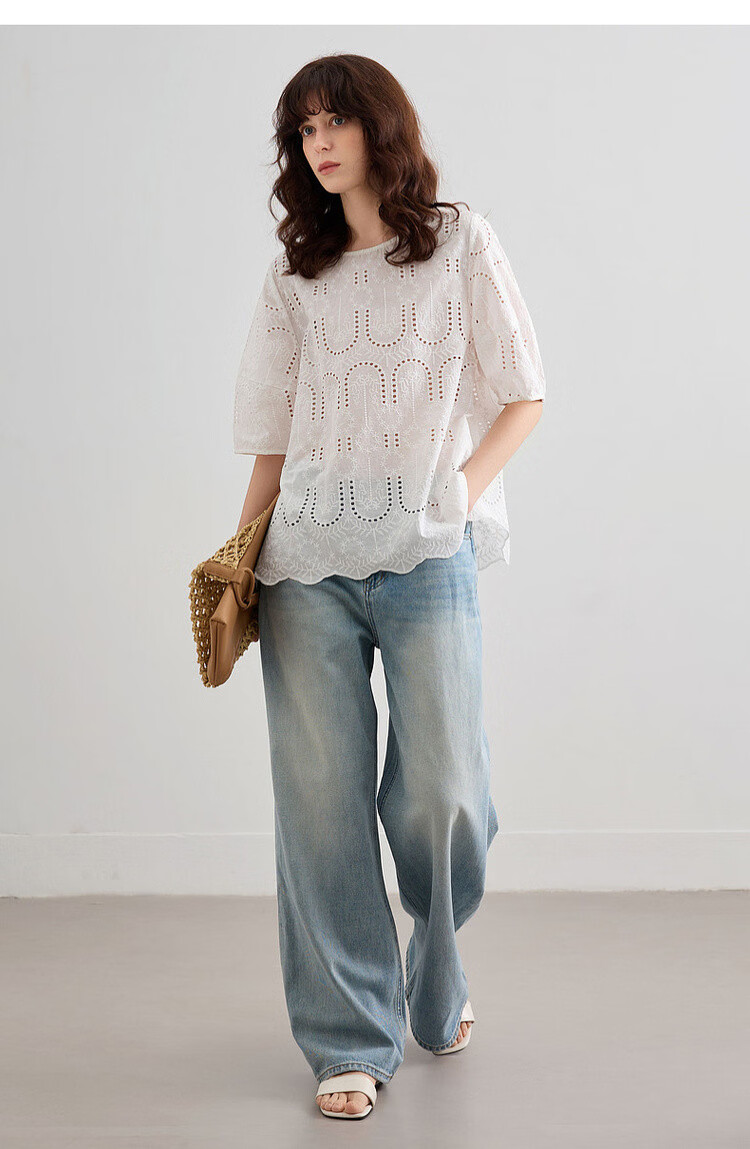 Demana Pure Cotton Light Life Summer Artistic Lace Embroidered Round Neck Shirt with Hem Lace Short Sleeve Blouse for Women 14