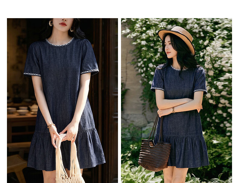Demana [Oxygen Pure Cotton] Summer Retro College Embroidered Ruffle A-Line Denim Dress Slim Fit Mid-Length for Women 9