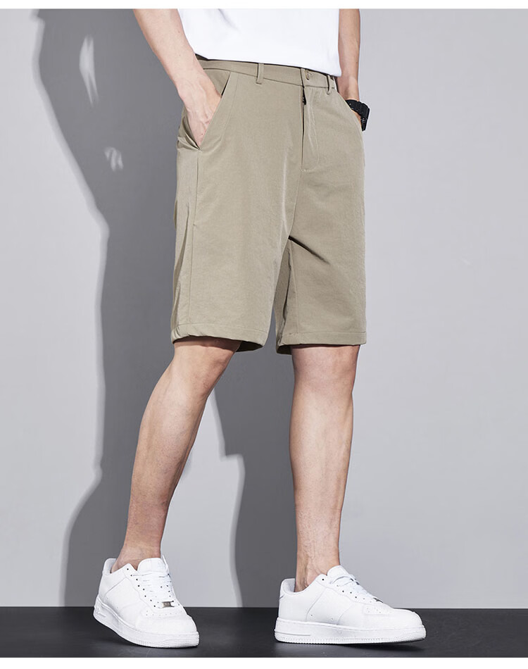 ROMON Men's Ice Silk Summer Lightweight Business Casual Five-Point Straight-Leg Suit Shorts Khaki M 6