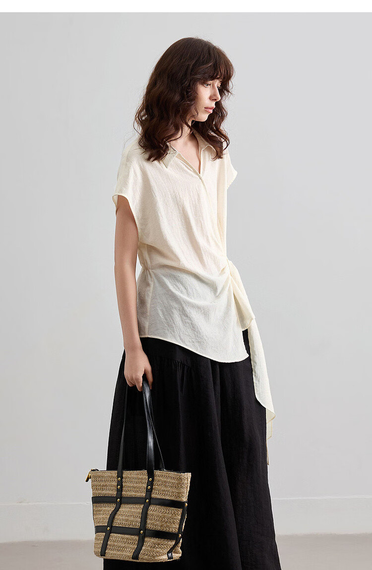 Demana [With Natural Linen] Summer Minimalist Side Knot Shirt Elegant Commuter High-End Blouse for Women 13