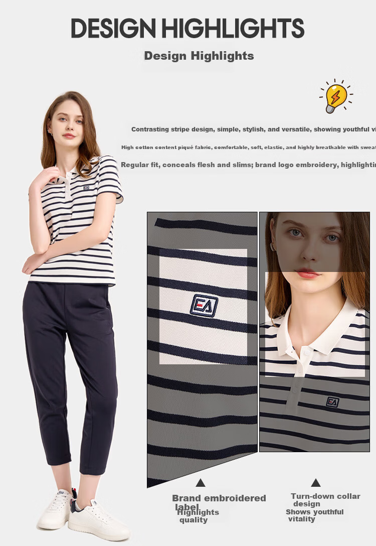 ELLE ACTIVE Vintage Striped Polo Shirt Women's Sports Casual Simple Versatile Comfortable Short Sleeve T-Shirt White/Navy XL 2