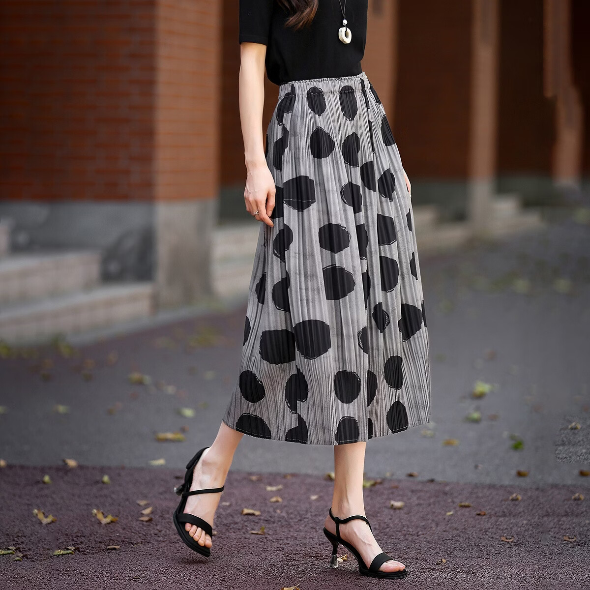 Demana Vintage Overture Spring Elastic Waist Polka Dot Print Balloon Lantern Irregular Pleated Women's Skirt