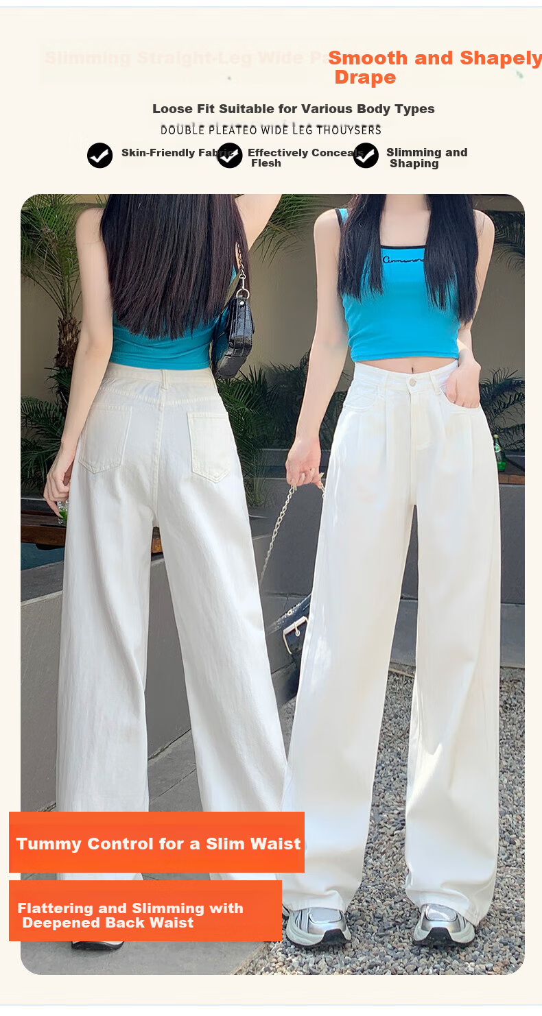 Pierre Cardin Women's Summer High-Waist Draped Floor-Length Casual Fashion Versatile Straight-Leg Loose Wide-Leg Jeans Dark Blue 2XL 26