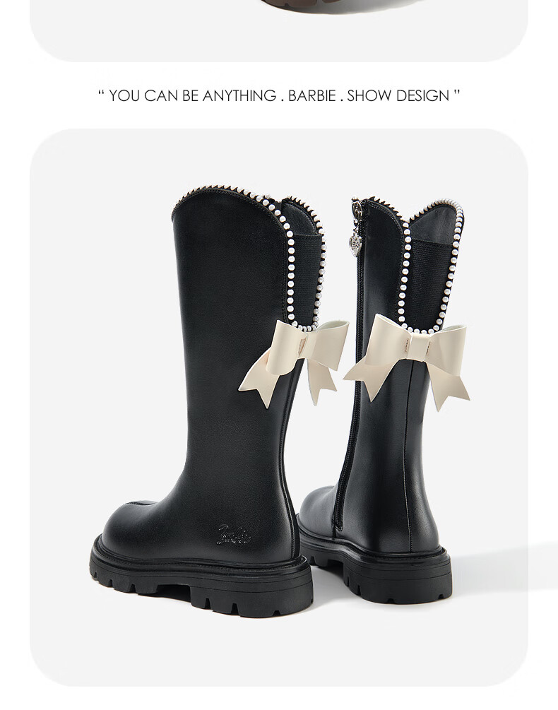 Barbie Girls' Fashion High-Top Leather Boots with Bow, Single-Lined Long Boots DA6096 Off-White Size 30 2